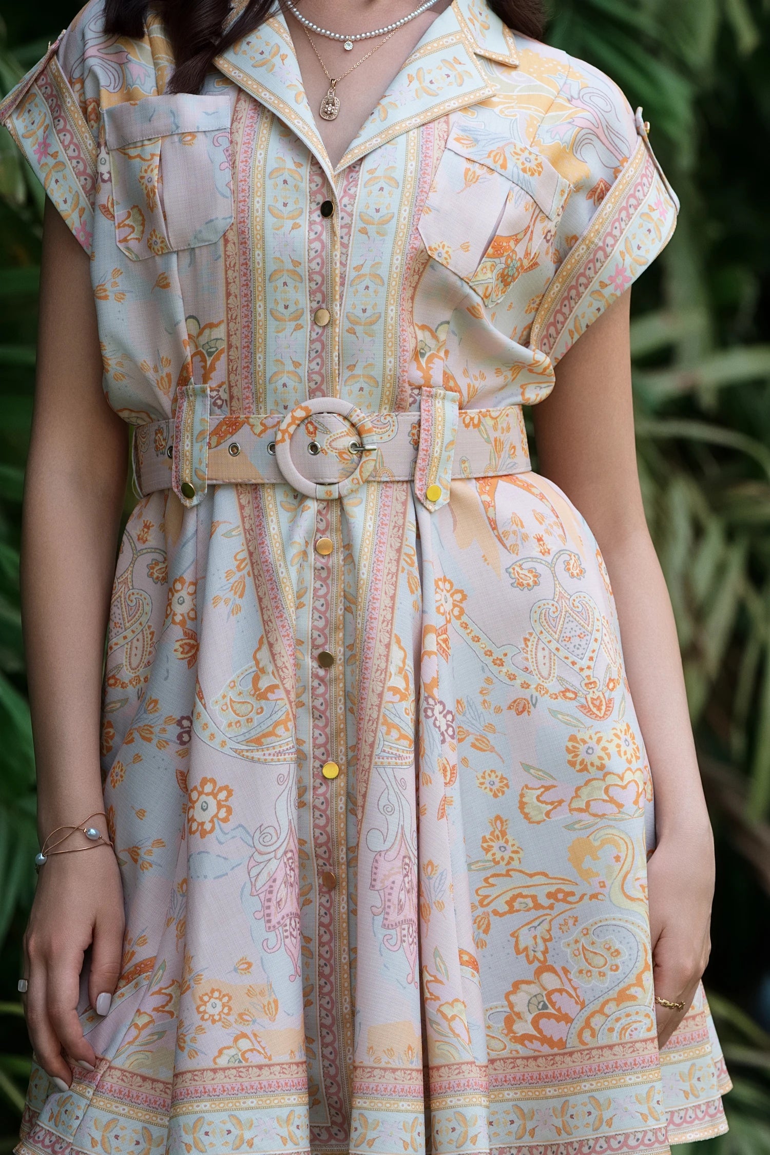 Vintage Pastel Reverie Belted Dress - Blush Peach